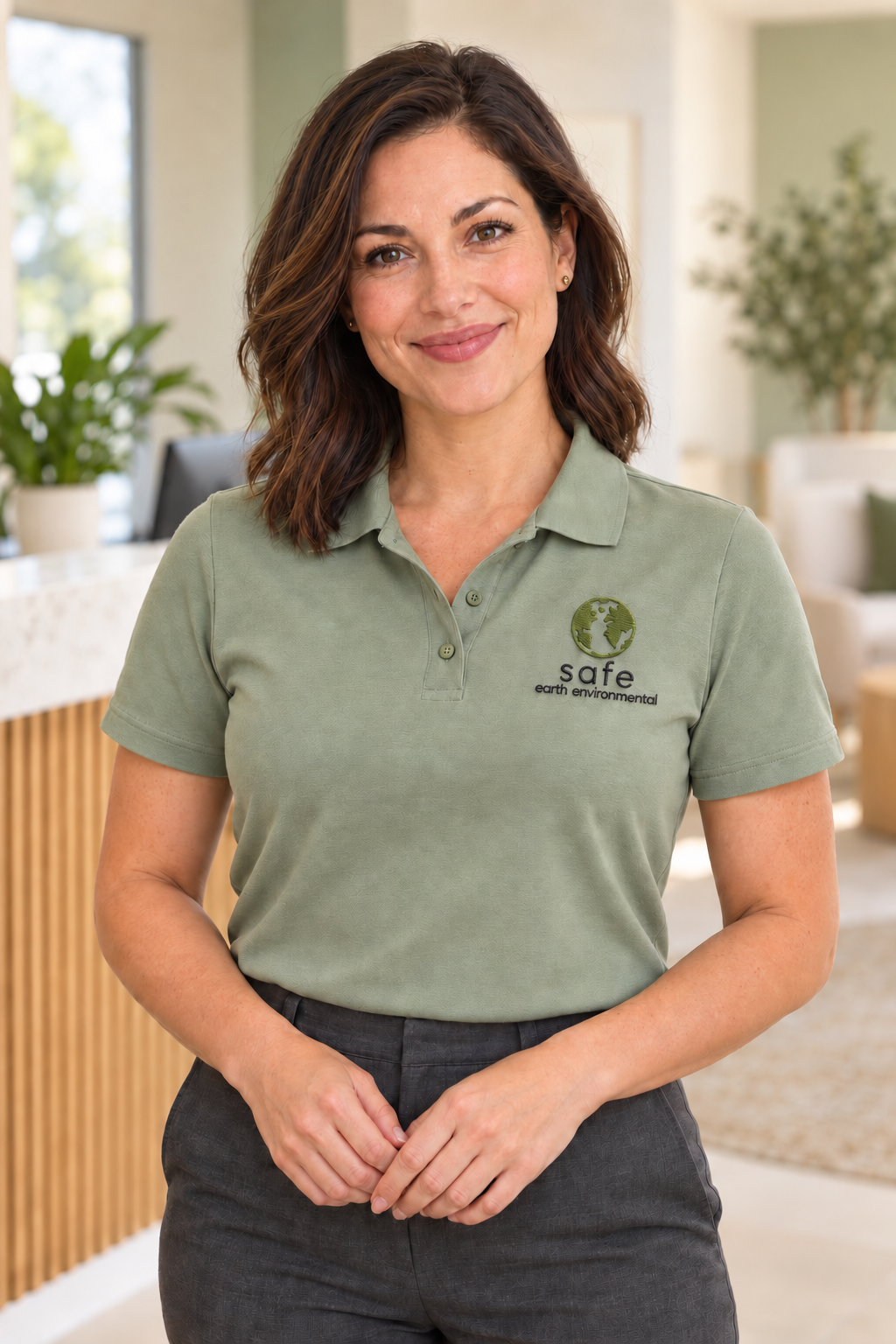 Safe Earth Environmental AI brand spokesperson wearing a sage polo with the company logo
