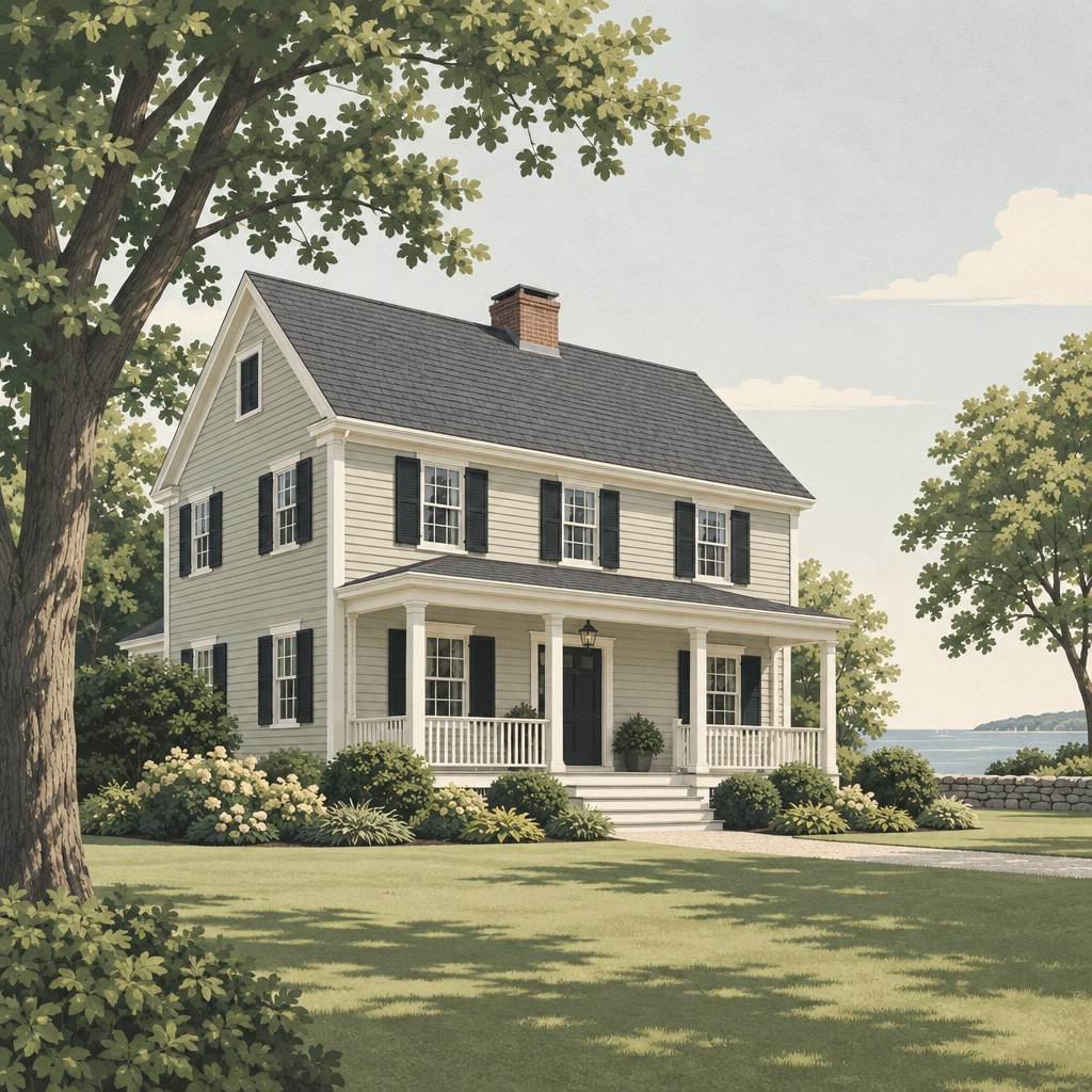 Illustration of an older New England home with a porch and trees